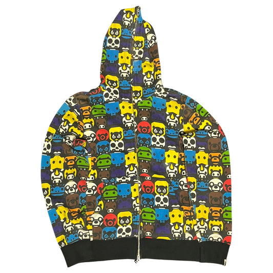 BAPE X Nigo M Milo Animal Full Zip Hoodie with colorful animal designs on a black background