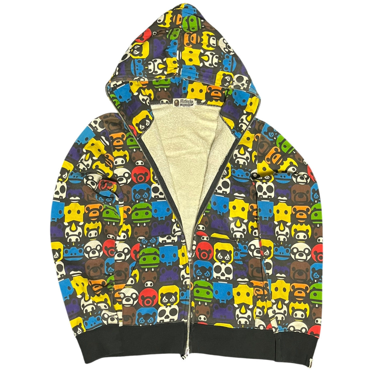 BAPE X Nigo M vibrant animal print full zip hoodie featuring Baby Milo design and iconic streetwear style.