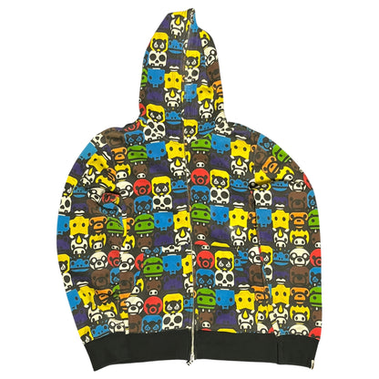 BAPE X Nigo M Milo Animal Full Zip Hoodie with colorful animal designs on a black background